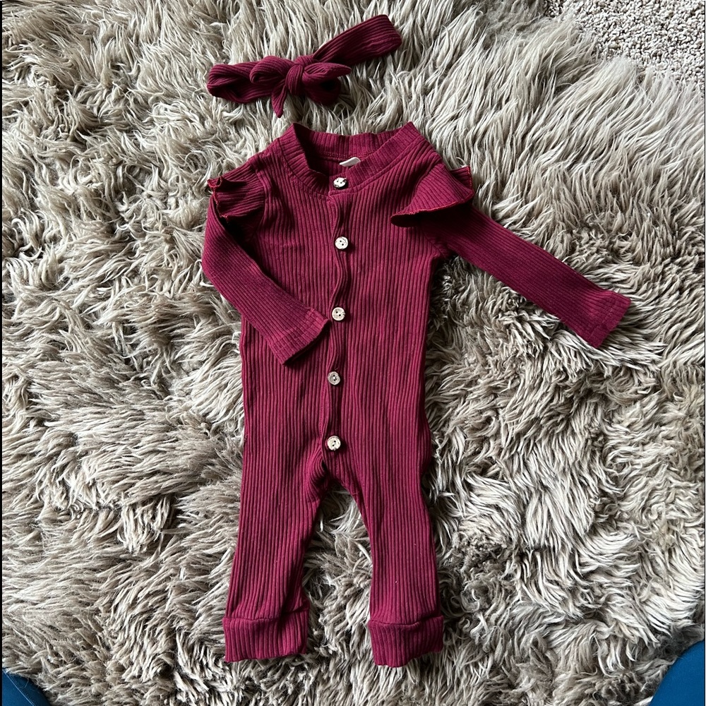6 month girls maroon one piece and bow